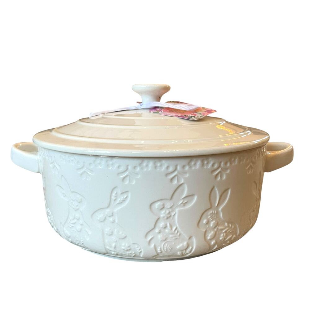 The Bakeshop Stoneware Debossed Bunny Casserole Dish 12in White Easter NEW